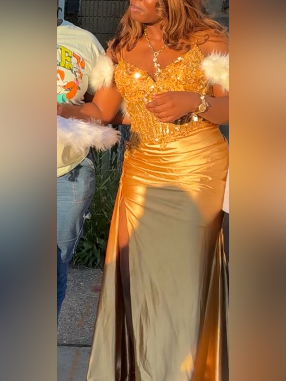Gold Sequin Corset Prom Dress with Satin Skirt